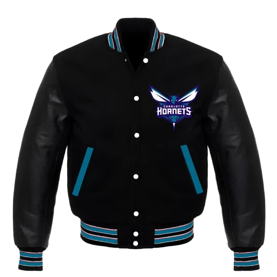Discover Charlotte Hornets Black Body Black Leather  Baseball Jacket Varsity Jacket