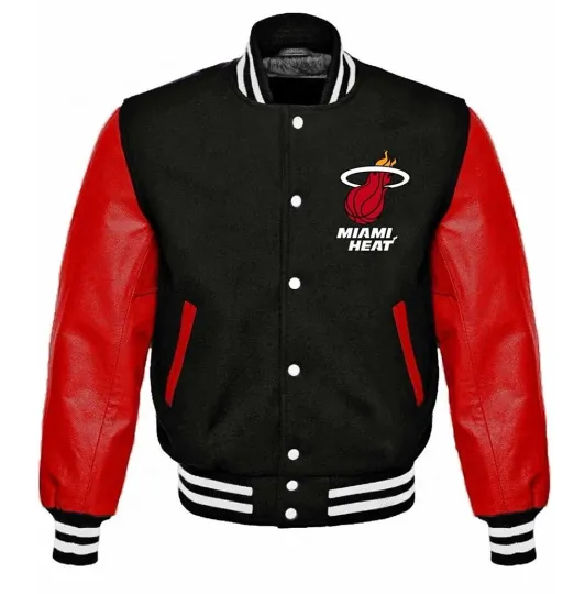 Discover Miami Heat Black Body Red Leather Letterman Baseball Jacket Varsity Jacket