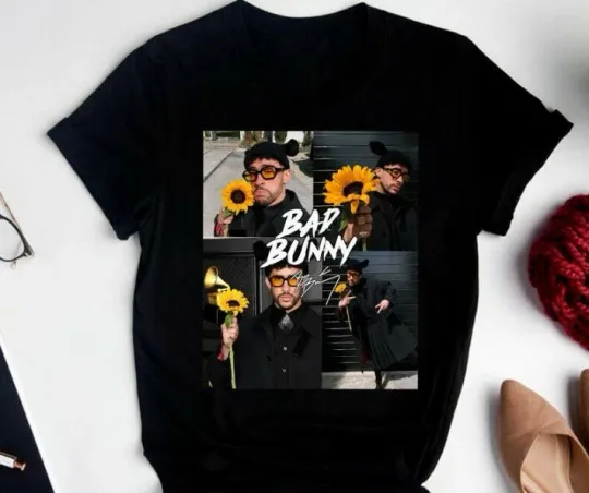 Discover Bad Bunny Sunflower Unisex T-Shirt Vintage Tee for Men Women Black