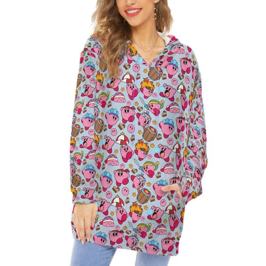 Kirby Pattern Unisex Fall Winter Hoodie Blanket | Cozy Wearable Blanket |  Loungewear