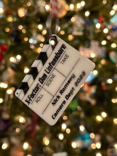 Personalized Movie Slate Christmas Ornament engraved in acrylic then hand painted.  Your Name, Position, and Production Great Set Wrap Gift