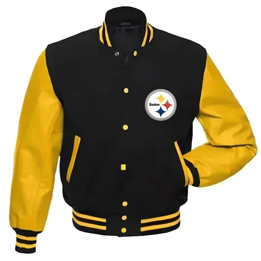 Discover Pittsburgh Steeler Black Body Golden Leather Baseball Jacket Varsity Jacket