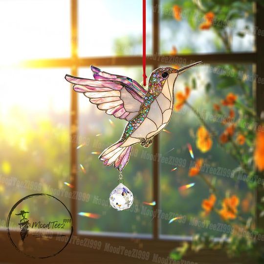 Hummingbird Window Hanging: Acrylic Bird Decor with Crystal Charm