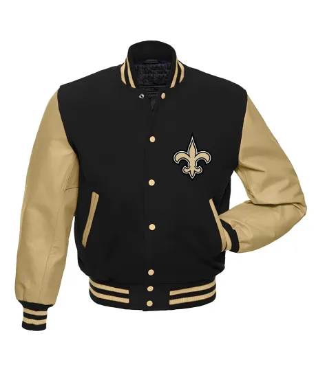 Discover New Orleans Saints Black Body Cream Leather Letterman Jacket Varsity Jacket