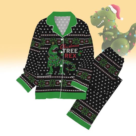 Christmas Tree Rex Pajamas Set, Dinosaur Tree Pajamas, Kids Dino Pj Set, Rex Xmas Family Pajama, Dino Tree Lights Matching Pajama