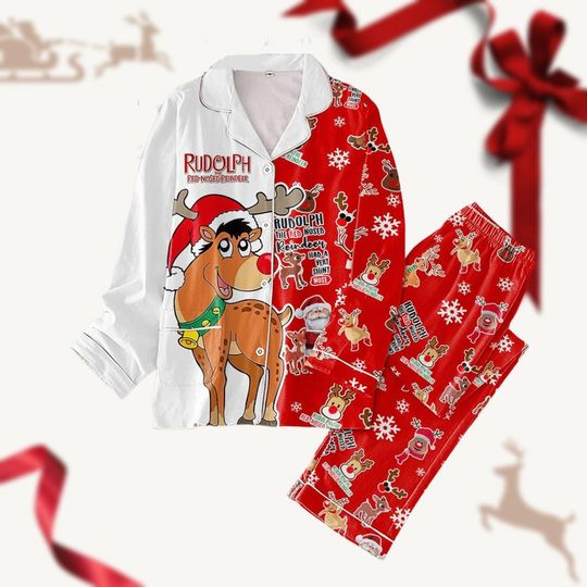Rudolph The Red Nosed Christmas Pajamas Set,  Reindeer Santa Hat Pj Set Pants, Rudolph Reindeer Pj Set, Christmas Movie Thick Pajamas