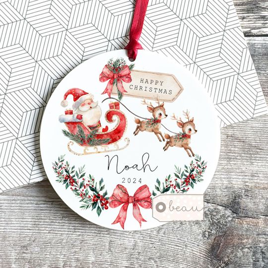 Personalised Happy Christmas Tree Santa Sleigh Christmas gift Bauble Acrylic or ceramic Round Ornament Keepsake Tree Decoration gift