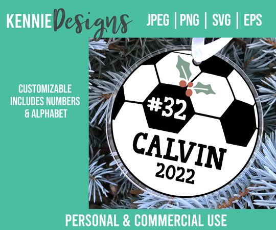 Discover Soccer Ball Christmas Ornament SVG cut file keepsake for player fan personal with number and year customizable flat acrylic white wooden