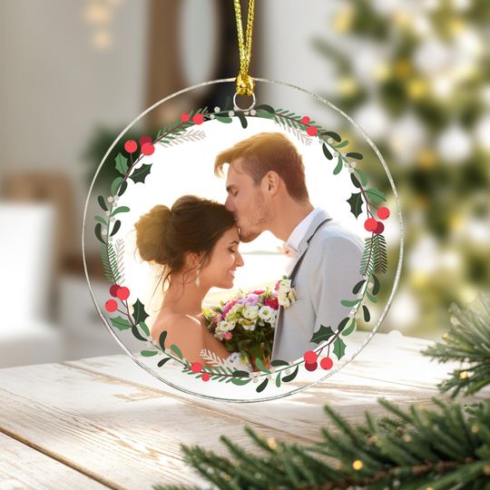 CUSTOM Photo Christmas Tree Ornament with Wreath Acrylic Personalised Gift First Xmas Couple Married Decoration Family Memorial Remembrance