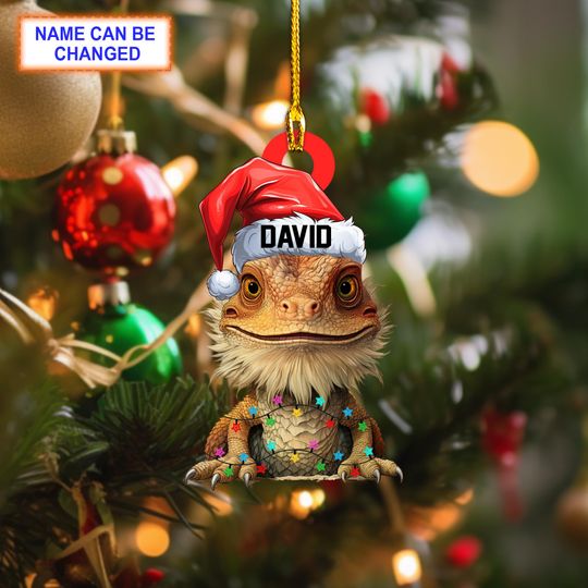 Custom Name Bearded Dragon Christmas Ornament, Christmas Tree Hanging Decor, Flat 2D Ornament Acrylic/ Wooden, Santa Hat Dragon Ornament