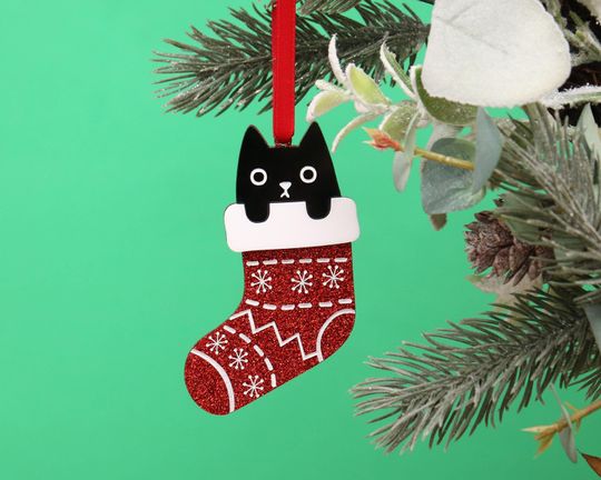 Acrylic Cat Christmas Ornament: Quirky Black Cat in Glitter Stocking