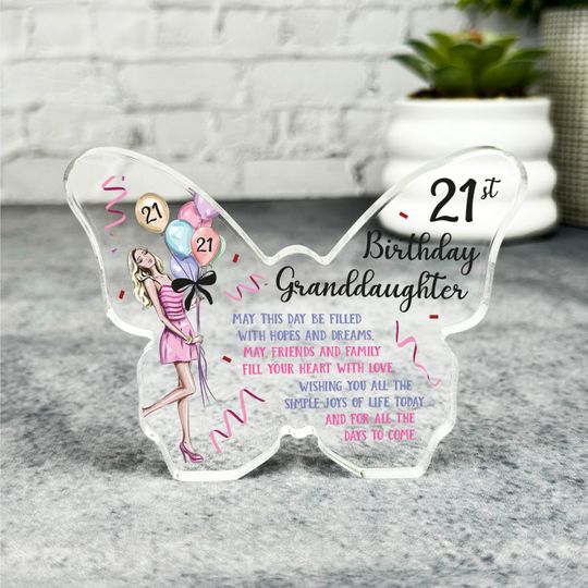 21st Birthday Present Granddaughter Balloons Butterfly Plaque Keepsake Gift - Gift, Custom Present, Trinket, Ornament, Acrylic Plaque
