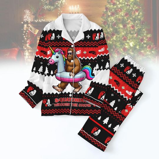 Bigfoot Christmas Pajamas Set, Bigfoot Unicorn Thick Pyjamas, Bigfoot Santa Family Pajamas, Bigfoot Holiday Festive Sasquatch Shirt