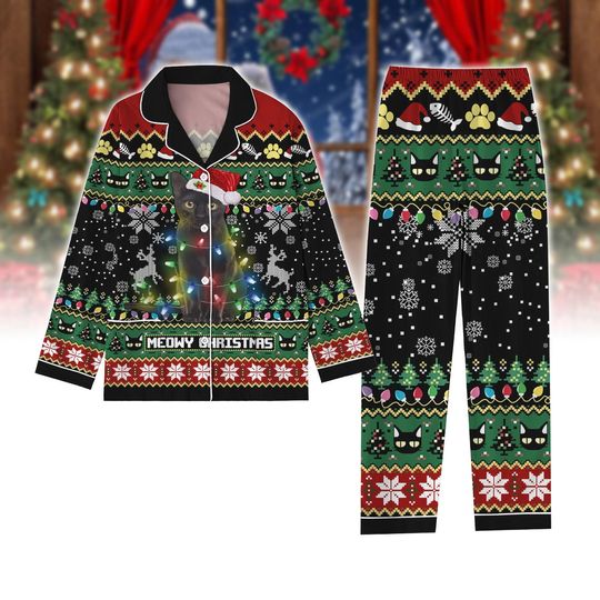 Christmas Black Cat Pajamas Set, Cat Mom Santa Hat  Pajamas, Meowy Xmas Family Pajamas Set, Cat Lover Gift, Lighting Cat Holiday