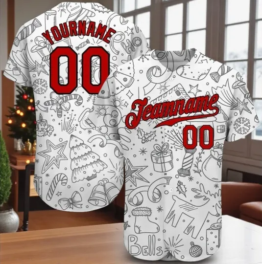Discover Custom Gray Red-Black Christmas 3D Baseball Jersey For Men & Women S-5XL