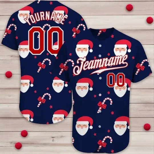 Personalized Navy Red-White Christmas 3D Baseball Jersey Unisex