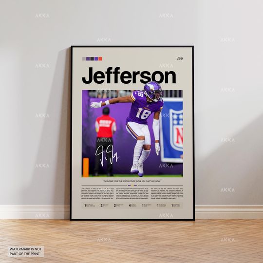 Justin Jefferson Poster, Jefferson Vikings Print, Vikings football Art, Jefferson Wall Decor, Minnesota Vikings Print Fan Gift Idea, football Art