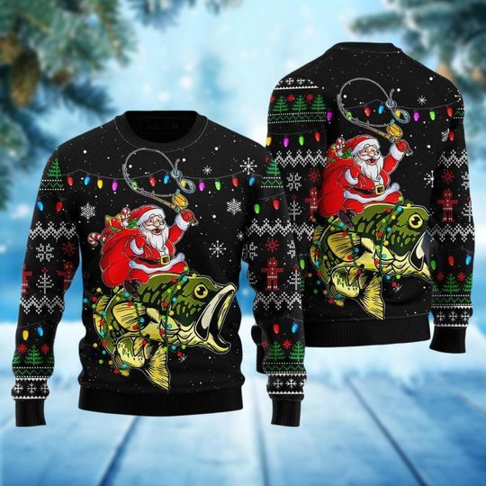 Discover Santa Fishing Ugly Christmas Sweater, Bass Fishing Xmas Sweater, Fisherman Bass Santa Ugly Sweatshirt, Funny Xmas Sweater