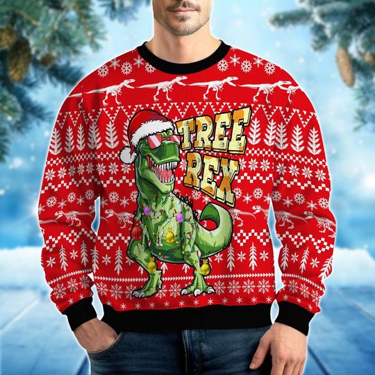 Christmas Tree Rex Ugly Sweater, Funny Dino Xmas Sweatshirt, Dinosaur Sweater For Men, Animal Christmas Light Shirt, Xmas Gift