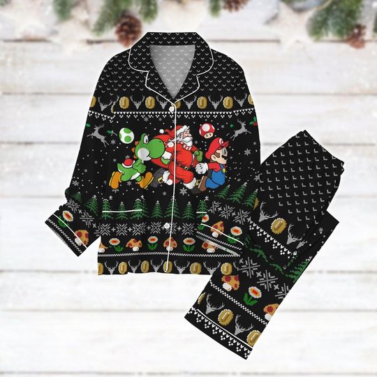 Super Mario Christmas Pajamas Set, Mario Santa Women Pajamas, Santa Clause Mario Luigi Loungewear, Funny Xmas Gamer Party 2025 Gift