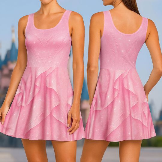 Wicked Glinda Cosplay Skater Dress, Wizard Women Dress, Pink Wicked Casual Dress