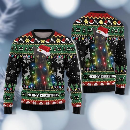 Discover Cat Light Santa Hat Sweater Shirt, Xmas Cat Mom Shirt, Meowy Christmas Cat Sweater, Cat Mom Sweater, Pet Christmas, Holiday Sweater