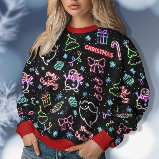 Christmas Light Neon Ugly Sweater, Bright Neon Light Christmas Sweater, LED Christmas Shirt, Holiday Crewneck, Neon Led Lights Sweater