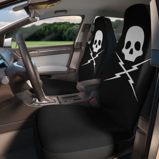 Discover Death Proof Skull Black Seat Covers - Set of 2 - Rockabilly Car Accessories Goth