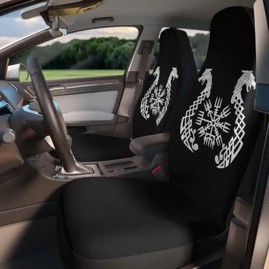 Vegvisir Black Seat Covers - Set of 2 - Norse Pagan Nordic Asatru Viking Runes