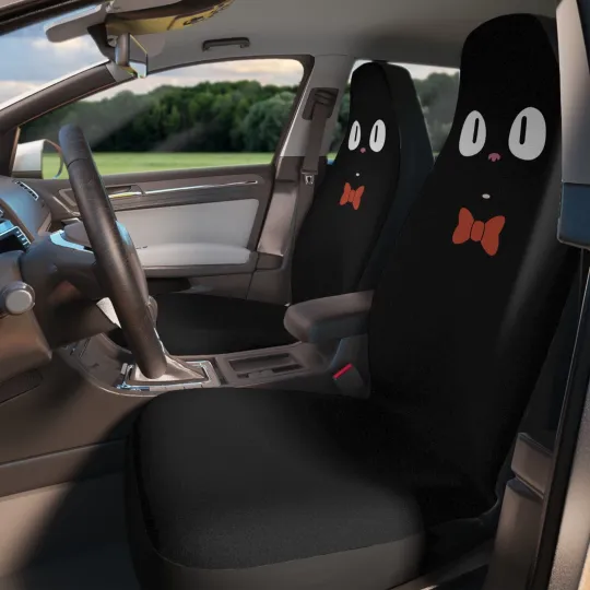 Kawaii Anime Cat Car Seat Covers - Set of 2 - Maneki Neko Kiki Jiji Tuxedo Cat