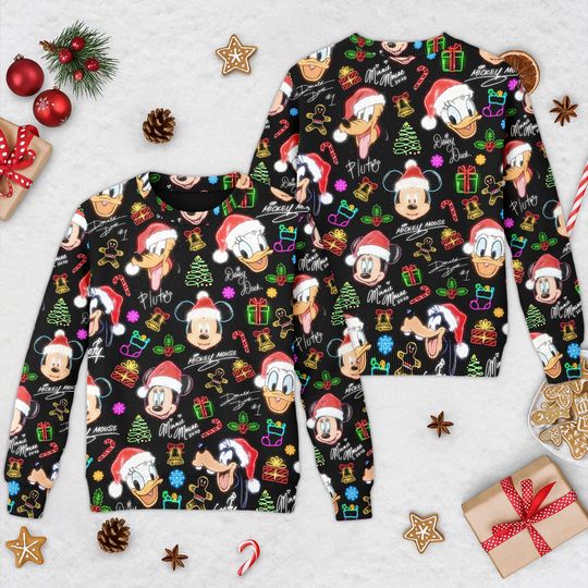 Discover Disney Mickey And Friends Neon Light Signatures Ugly Christmas Sweater