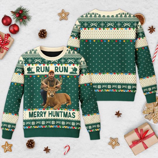 Discover Personalized Photo Ugly Christmas Sweater, Hunting Xmas Sweatshirt
