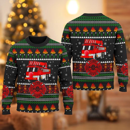 Fireman Ugly Christmas Sweater, Firefighter Truck Ugly Christmas Sweater