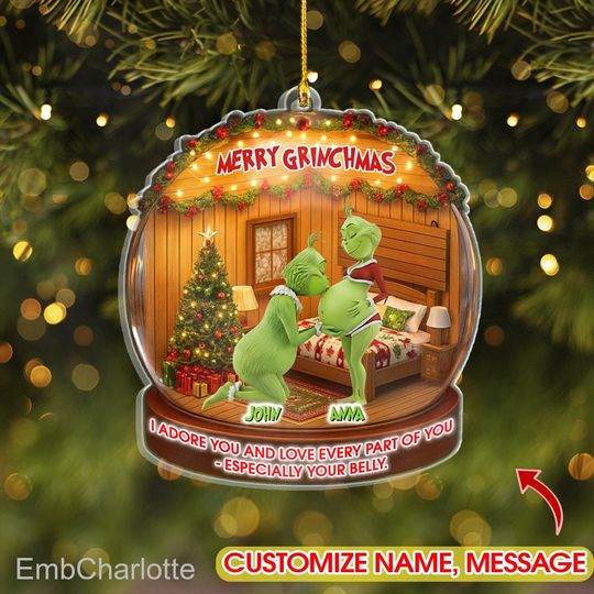 Personalized Green Monster Couple Christmas Ornament, I Adore You Custom Holiday Tree Decoration, Flat 2D Merry Grin Acrylic Ornament