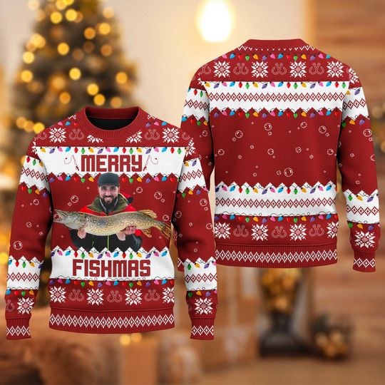 Personalized Merry Fishing Christmas Ugly Sweater, Merry Fishmas Photo Ugly Sweater
