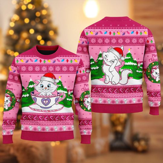 Discover Disney Marie Cat Mad Tea Cup Party Disney Christmas Sweater, The Aristocats Xmas Sweatshirt, Disney Christmas Gift for men Women kid