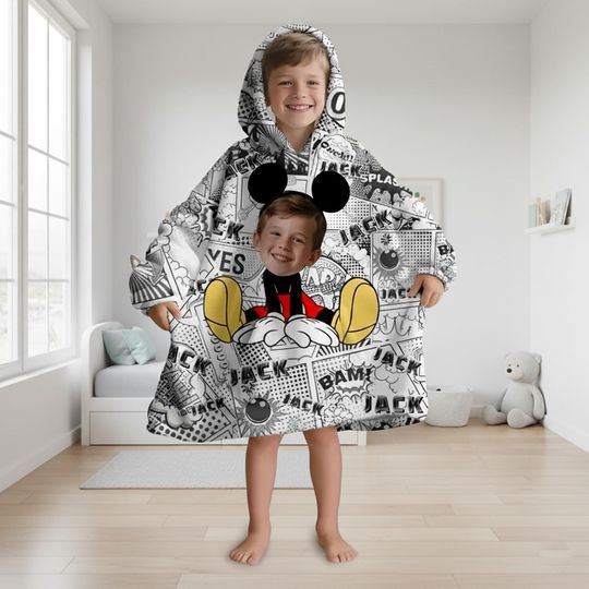 Discover Custom Kid's Wearable Sherpa Blanket Mickey Mouse Hoodie Blanket | Personalized Mouse Blanket With Faces , Gift For Grandson, Birthday's Boy