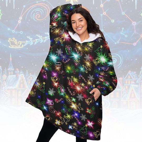 Discover Christmas Bright Neon Lighting Blanket Hoodie, Cozy Xmas Bear Hoodie With Pocket, Christmas Costume, Xmas Light Shirt, Merry Xmas Gift