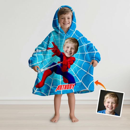 Discover Custom Kid's Wearable Sherpa Blanket Spider Boy Hoodie Blanket | Personalized Spider Blanket With Faces , Gift For Grandson, Birthday's Boy