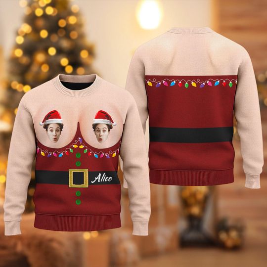 Discover Personalized Ch*st Photo Face Santa Hat Ugly Christmas Sweater