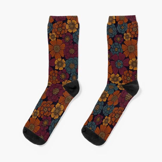 Discover Dark Burgundy, Teal & Mustard Floral Socks