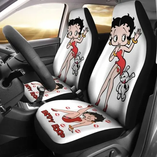 Discover Betty Boop with Dogs Car Seat Covers, White Theme Cartoon Auto Protector Set