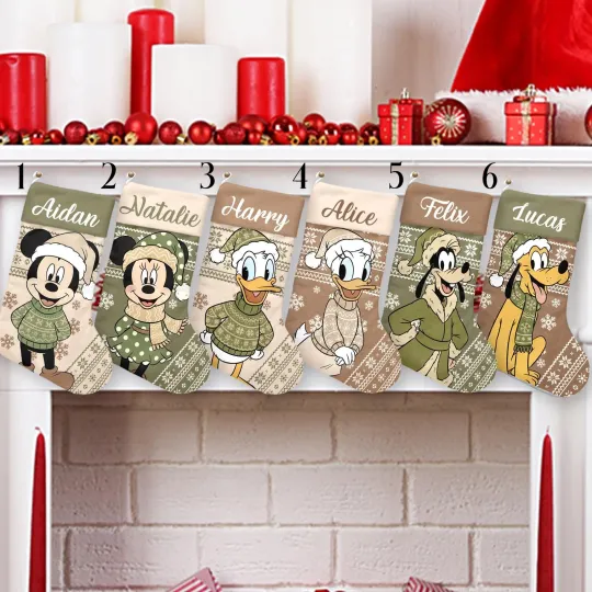 Discover Personalized Mickey & Friends Merry And Bright Buffalo Plaid Christmas Stocking