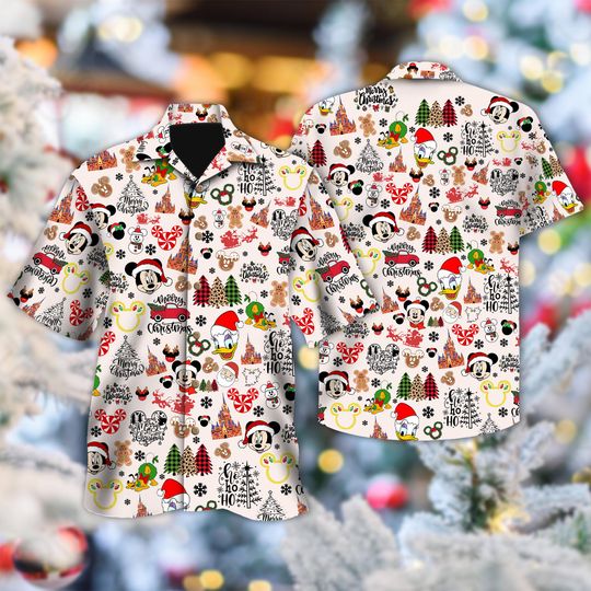 Discover Disney Mickey & Friends Christmas Hawaii Shirt, Mickey Mouse Button Up, Cartoon Xmas Shirt, Mickey Ears Hawaiian Shirt, Magic Kingdom Shirt