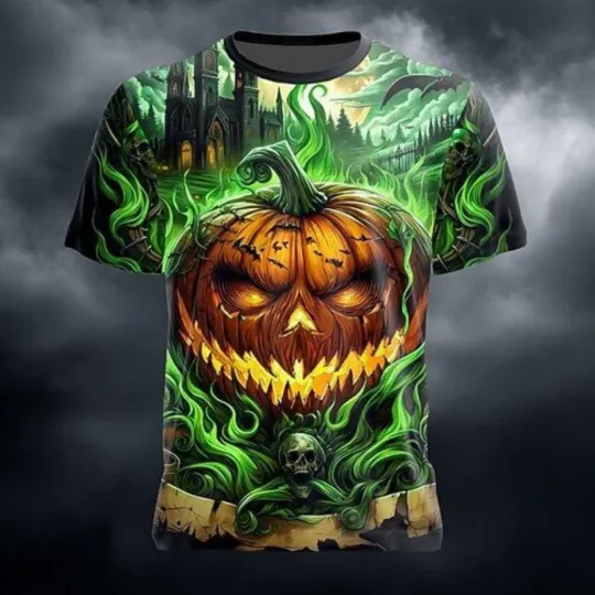 Discover 3D Halloween Pumpkin Skull T-Shirt Spooky Graphic Tee
