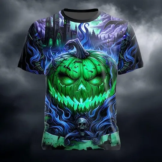 Discover 3D Halloween Pumpkin Skull T-Shirt Spooky Graphic Tee