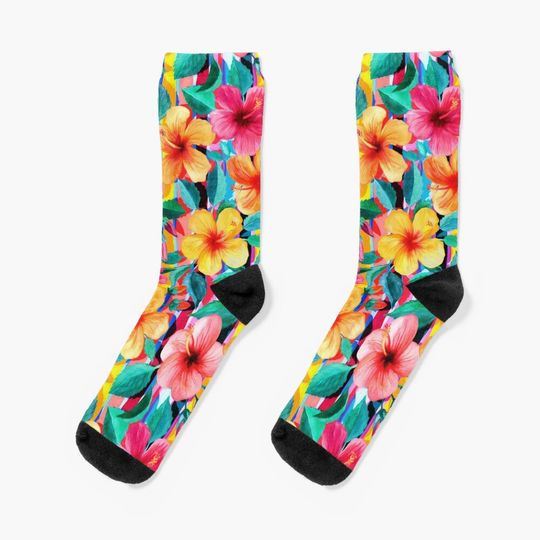 Discover OTT Maximalist Hawaiian Hibiscus Floral with Stripes Socks