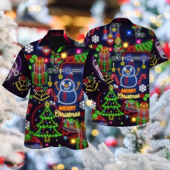 Discover Christmas Bright Neon Lighting Hawaiian Shirt, Neon Lighting Button Up Shirt