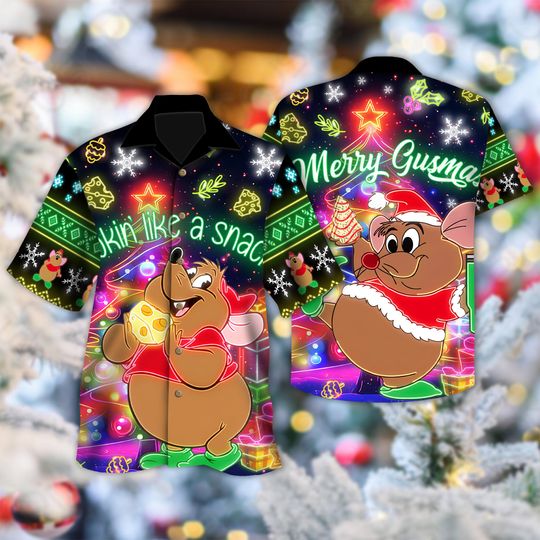 Discover Disney Gus Gus Santa Hat Hawaiian Shirt, Cinde Movie Hawaii Shirt, Gus Gus Mouse Cartoon Button Up Holiday, Cinde Princess Shirt