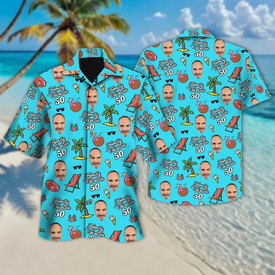 Discover Personalized Photo and Age Family Vacation Hawaiian Shirt, Birthday Family Trip Button Up Gift For Dad, Custom Photo Text Hawaii Shirt